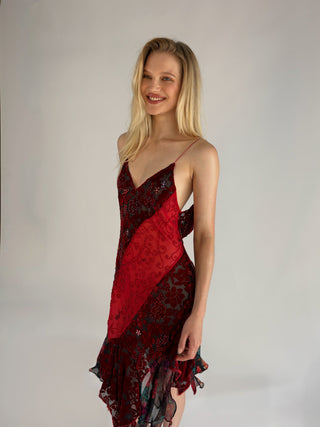 Red Velvet Floral Midi Dress