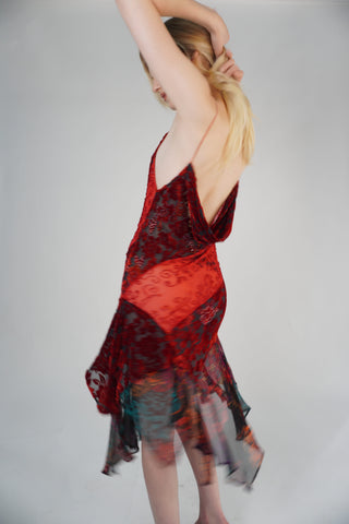 Red Velvet Floral Midi Dress