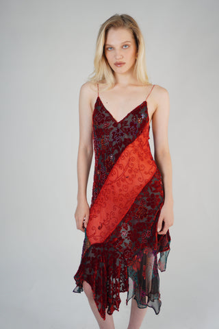 Red Velvet Floral Midi Dress