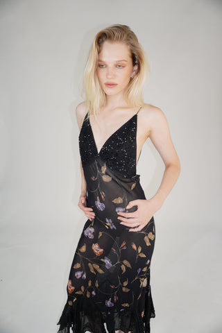 Sheer Black Sequin Floral Maxi Dress - SOLDOUT