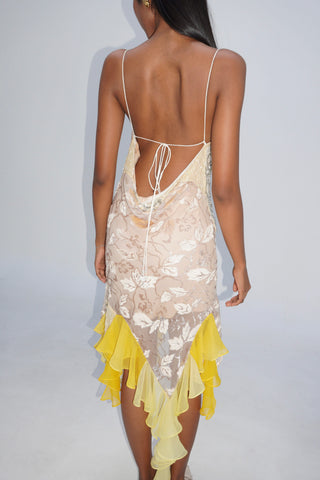Vintage Yellow Embroidery Midi Dress