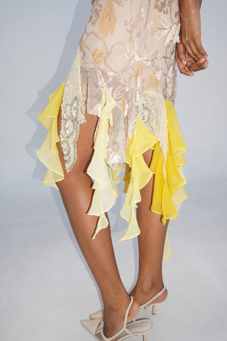 Vintage Yellow Embroidery Midi Dress