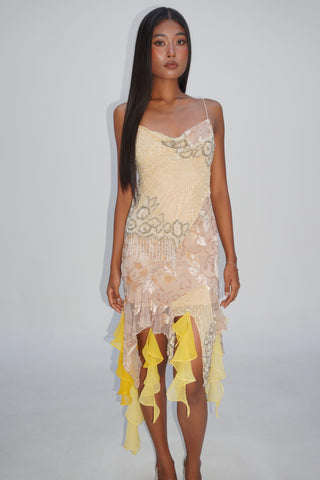 Vintage Yellow Embroidery Midi Dress